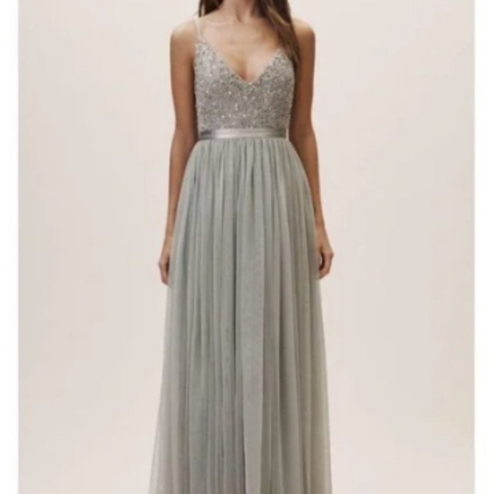 New Anthropologie BHLDN Gown Avery Sage Green Morning Mist Strappy Beaded